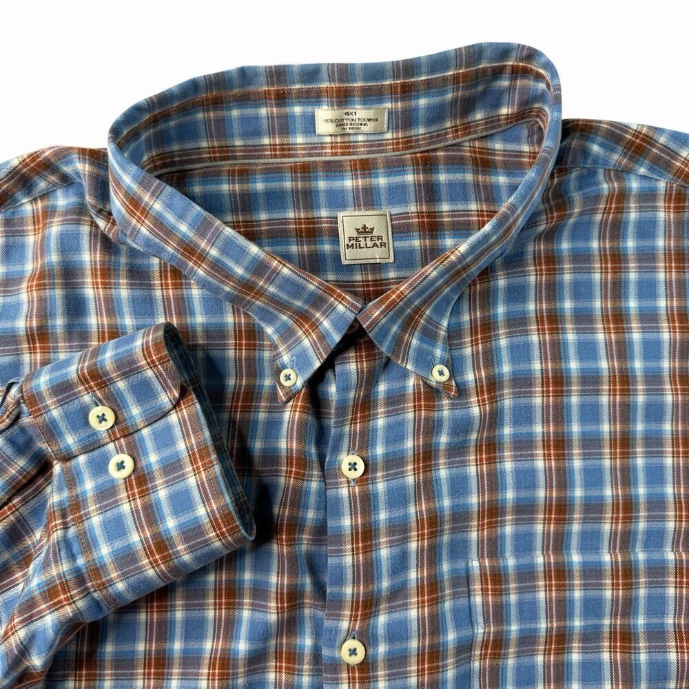Peter Millar Mens 4XT Blue Brown Plaid Button Down Shirt Cotton Wool Preppy